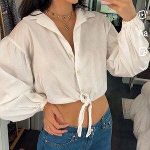 Topshop Cropped Button-Down Tie-Front Shirt Balloon Sleeve